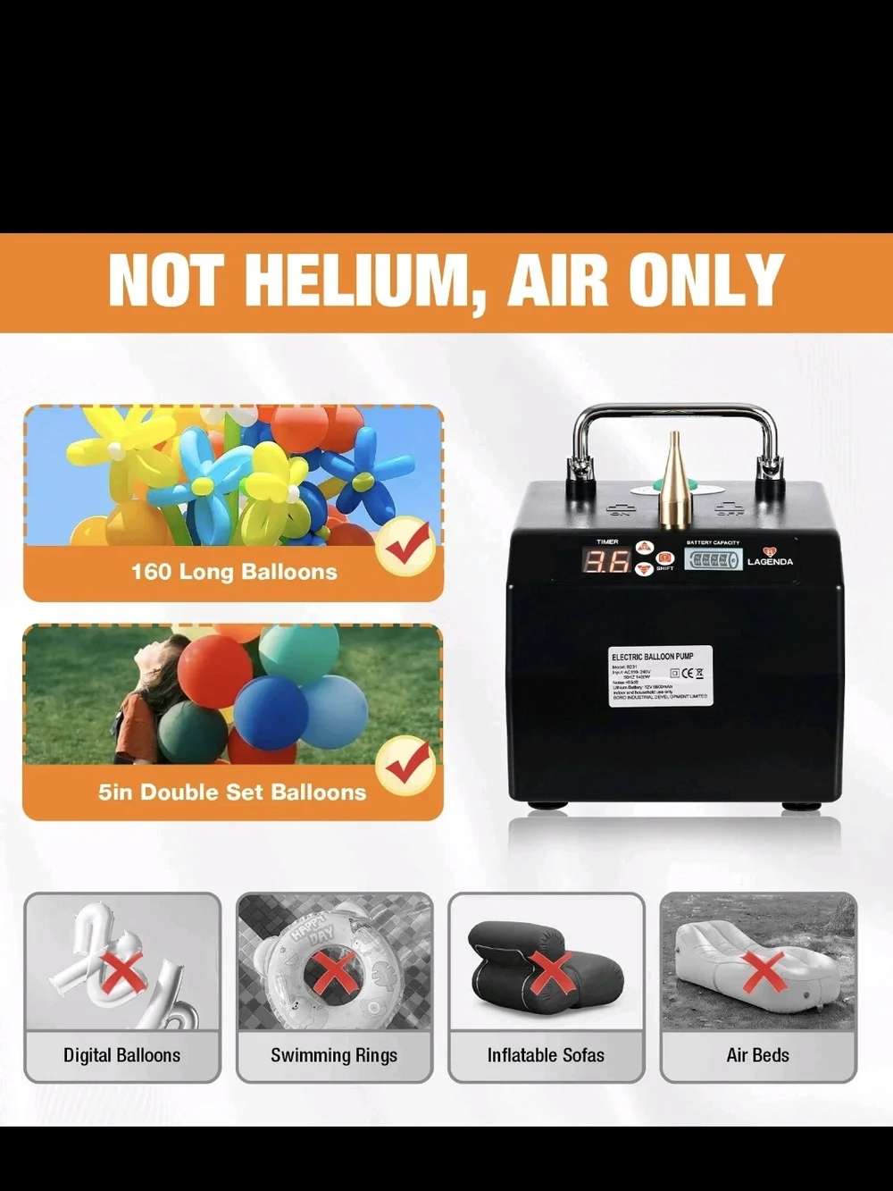 LAGENDA B231 Electric Balloon Pump Inflator with Carry Case Party Supplies